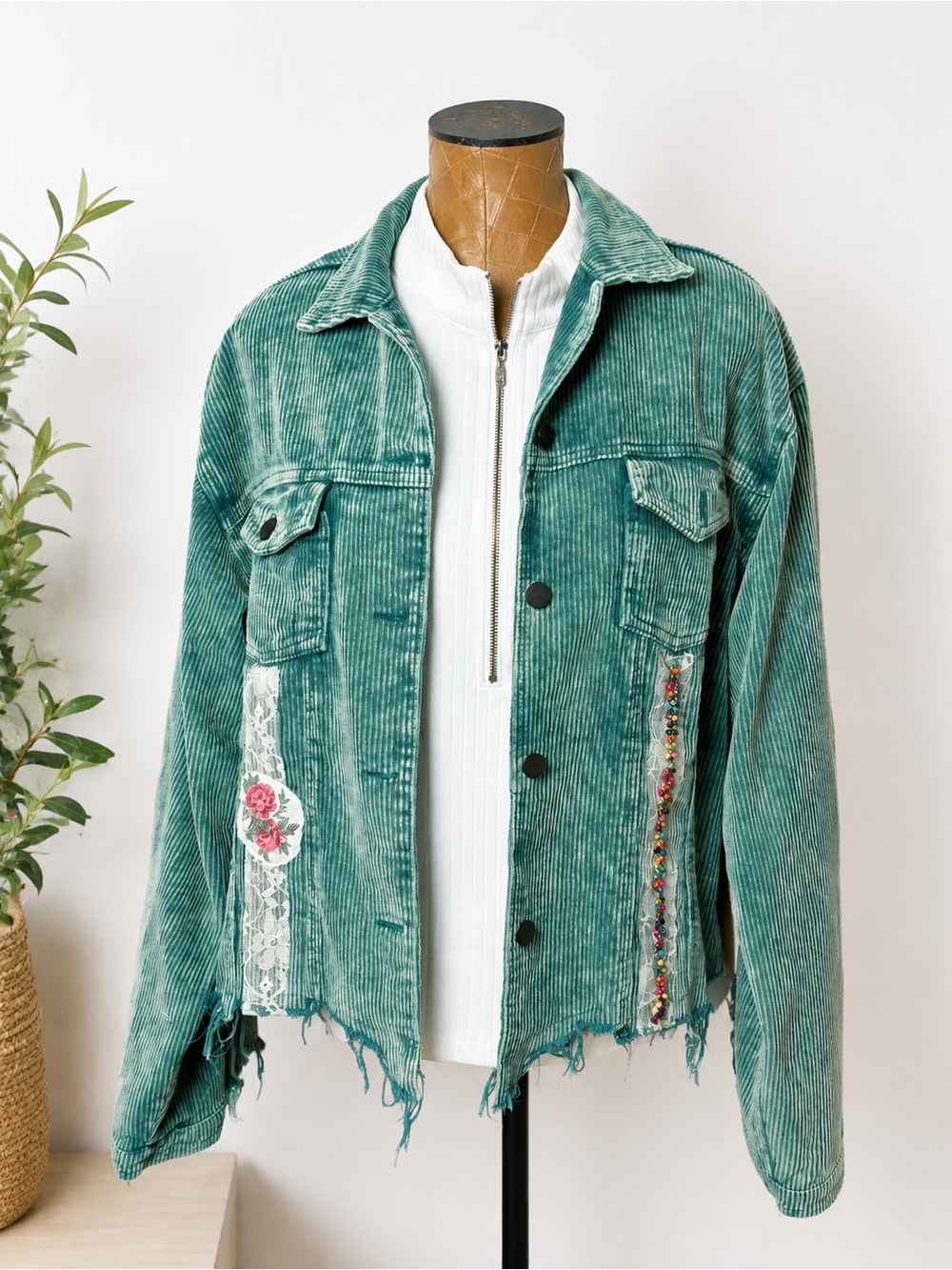POL Upcycle Distressed Corduroy Jacket Teal Lace Beaded Floral Boho Shacket OOAK